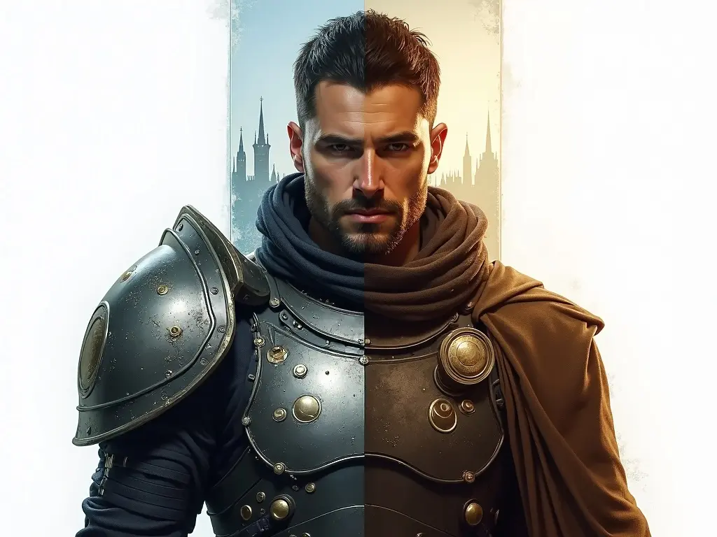 AI-generated split portrait of a warrior in cyberpunk armor and renaissance painting style