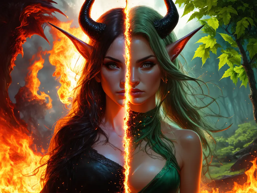 AI-generated character split into fiery demon and gentle forest elf styles