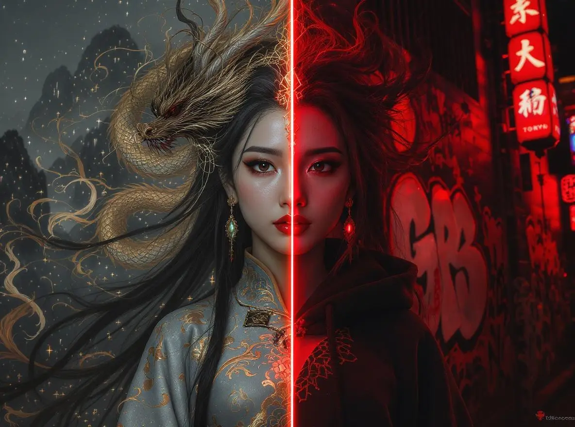 Split portrait of a woman as a traditional dragon priestess and a modern streetwear icon