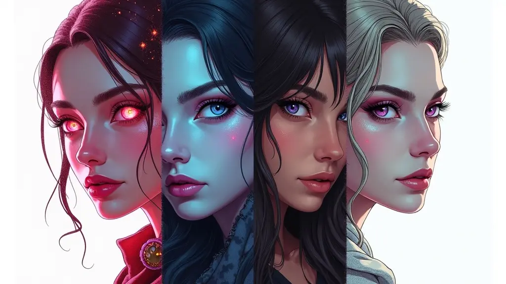 AI-generated collage of the same woman transformed into four unique art styles: cyberpunk, fantasy painting, anime, and pencil sketch