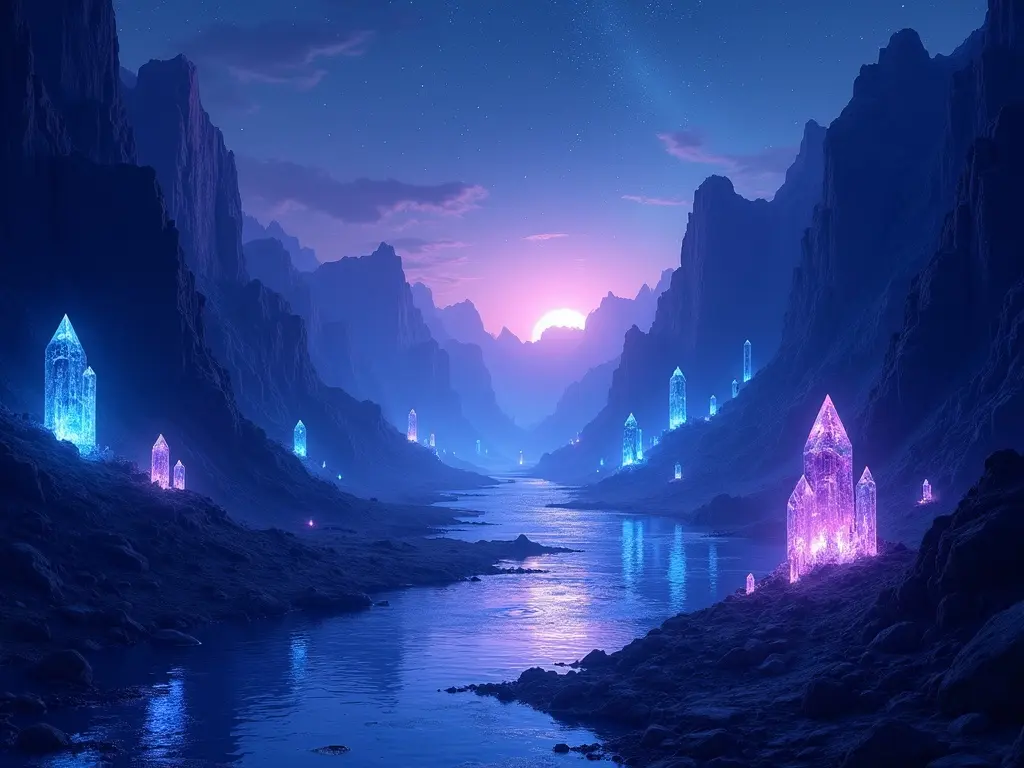 A shimmering canyon of glowing crystals beneath a deep starry night sky in a fantasy world