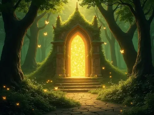 An enchanted forest scene with a glowing elven altar and magical light butterflies under golden green light