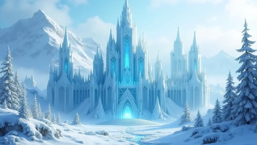 A fantasy ice castle glowing in a snow-covered landscape, under soft morning light