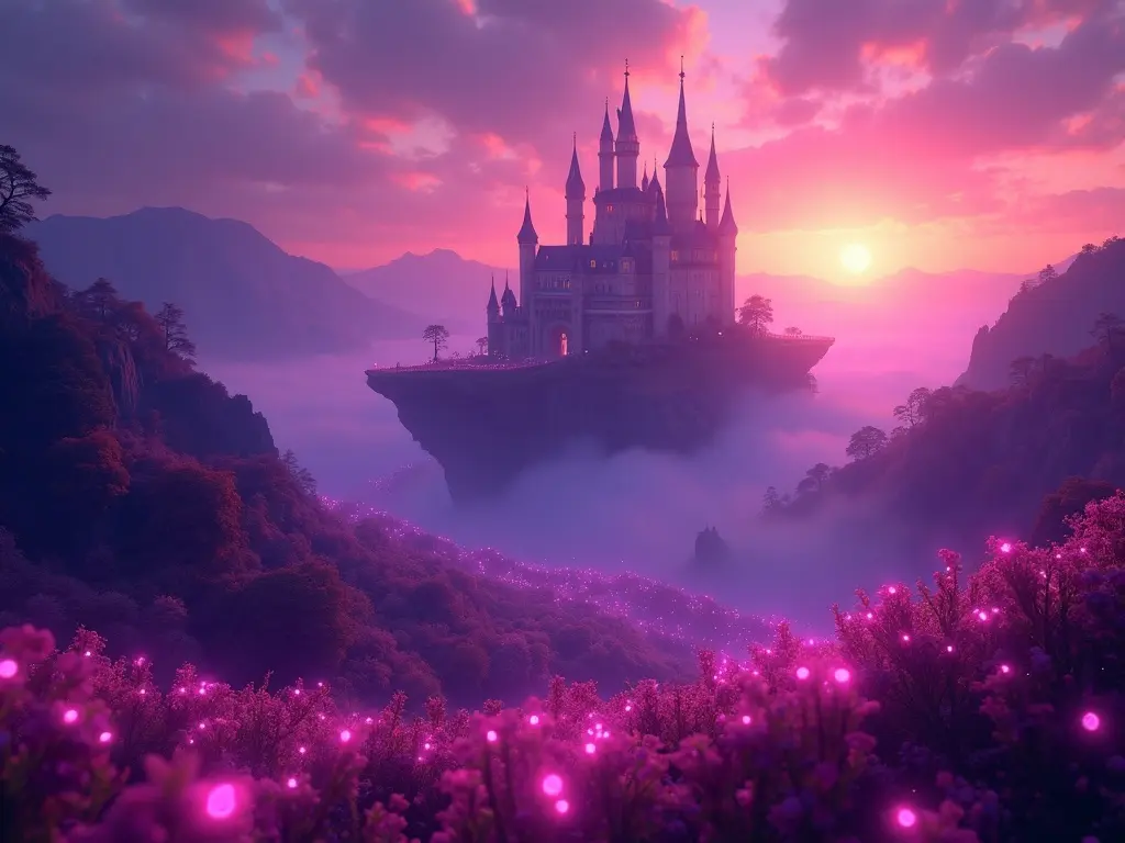 A floating fantasy castle over glowing bioluminescent flower fields under a dreamlike sunset sky